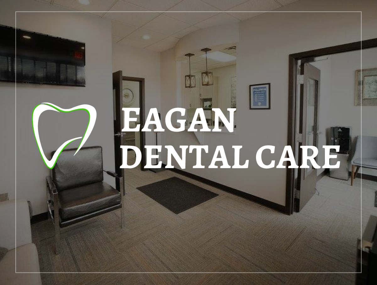 image displaying Eagan Dental Care Logomark. The background of the logomark is Eagan Dental Care's front desk space.