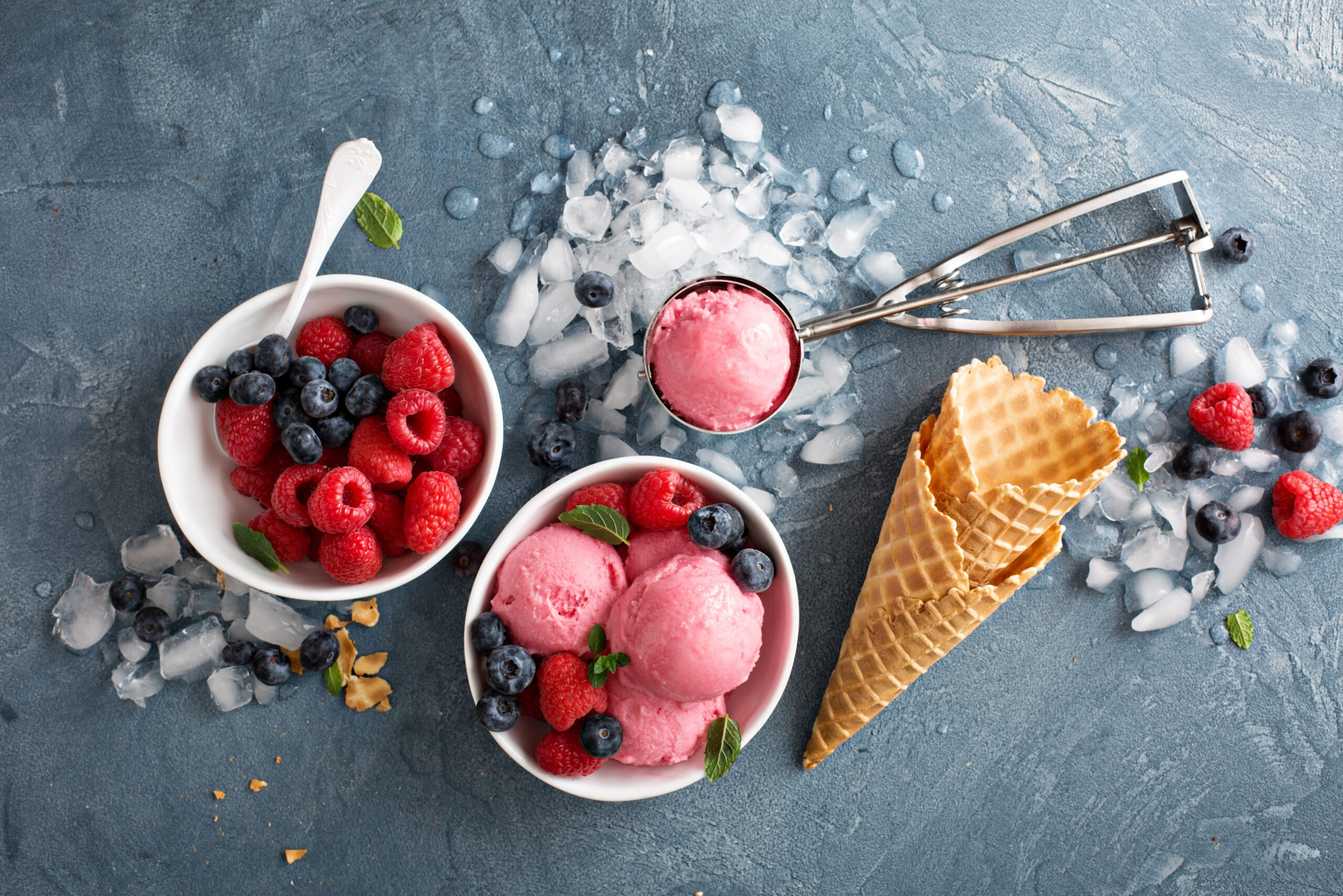 Raspberry,Ice,Cream,In,White,Bowl,Overhead,Shot
